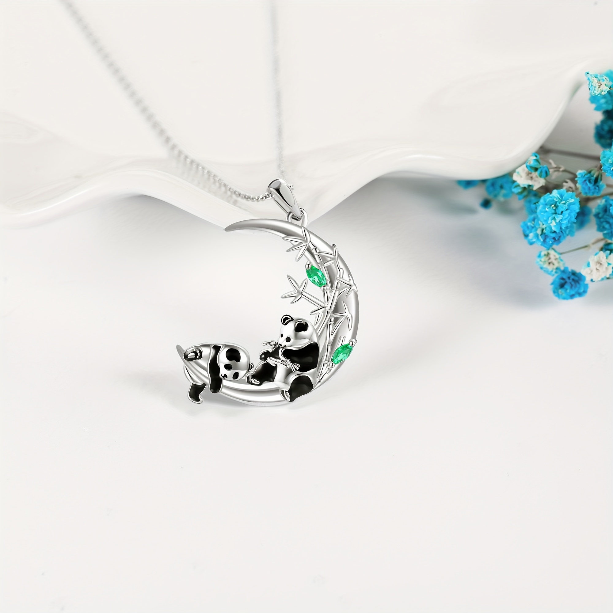 Women's 925 Sterling Silver Moon Panda Pendant Necklace